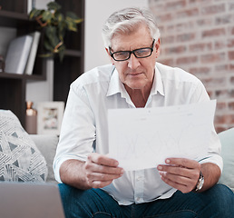 Image showing Senior man, reading documents and financial planning, savings and graphs in home. Retirement, paperwork and male person with invoice, pension or insurance, finance and asset management for investment