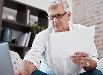 Image showing Senior man, documents and laptop for financial planning, charts and email in home. Computer, paperwork and male remote worker with statistics, analytics or finance, asset management and investment.