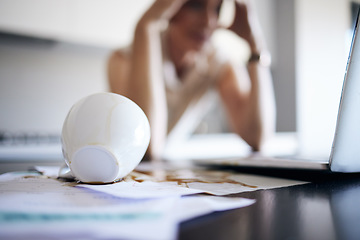 Image showing Laptop, stress and woman spill coffee, mistake or accident in office workplace. Depression, spilling tea and documents, paperwork and person with headache, migraine and error, problem or clumsy.