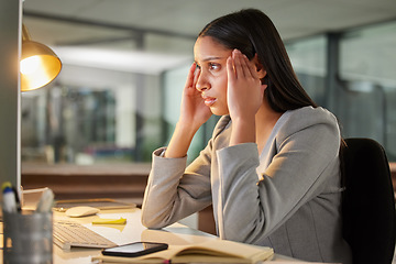 Image showing Headache, stress and computer of business woman burnout, fatigue or mental health problem in night office. Migraine, anxiety and tired or sad person with news on desktop mistake, wrong email or fail