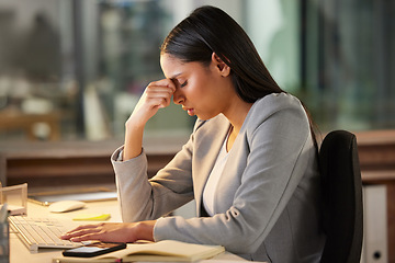 Image showing Headache, stress and sad business woman in night office for burnout, fatigue or mental health problem. Crisis, pain and depressed or tired professional person at desk for mistake, depression or fail