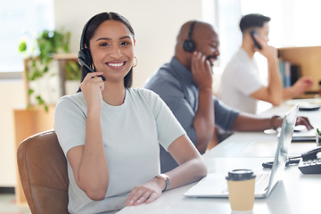 Image showing Smile, call center and woman with headset for customer service, support or telemarketing. Happy Indian person, agent or consultant coworking portrait for sales, crm and help desk or contact us