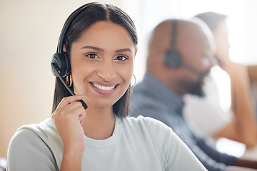 Image showing Smile, call center and happy woman with a headset for support, customer service or telemarketing. Face portrait of female person, agent or consultant on microphone for sales, contact us or help desk