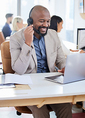 Image showing Call center, black man and smile at laptop for customer service, support and telemarketing. Happy african male agent or consultant with a headset for sales, crm or help desk for online consultation