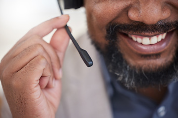 Image showing Microphone, call center and man with a smile for customer service, support or telemarketing. Mouth closeup of male person, agent or consultant with headset for sales, crm or help desk communication