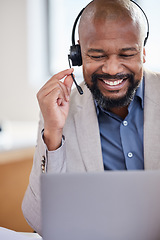 Image showing Smile, call center and black man with a headset and laptop for customer service, support or telemarketing. African person as agent or consultant for sales, crm and contact us or help desk advice