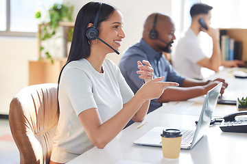 Image showing Customer service, contact us or support with consultant people at work in an office for assistance. Call center, crm or communication with a female consulting via headset technology for telemarketing