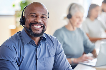 Image showing Black man, call center and smile portrait for customer service, support and telemarketing. Face of a african male agent or consultant with a headset for sales, crm or help desk for advice