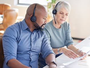 Image showing Team work, diversity and call center agents talk sales or black male consultant or female operator and together for support in the office. African, man and woman employee or work or customer service