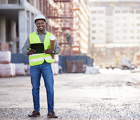 Image showing Portrait of black man engineer, tablet and construction site with mockup space in city, planning and safety. Smile, architect or project manager at building, urban engineering and digital blueprint.