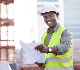 Image showing Portrait of black man engineer, floor plan and construction site in city, planning with safety and paper for inspection. Smile, architect or project manager at building, engineering and blueprint.