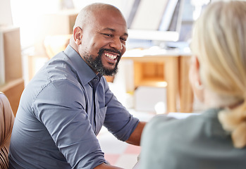 Image showing Meeting, face of black man and smile for teamwork, collaboration and working in corporate business with people. Happy, mentor and businessman in office leadership, management or staff support