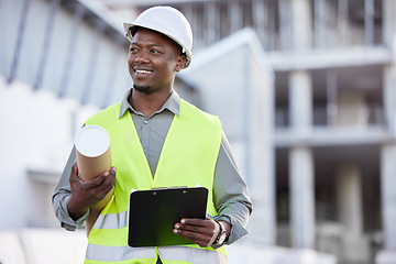 Image showing Black man engineer, clipboard and inspection at construction site with mockup in city for planning and safety. Smile, architect or project manager with helmet at building, engineering and blueprint.