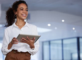 Image showing Smile, woman in office with tablet and mockup, thinking and planning online schedule, business and search. Happy businesswoman in workplace, digital app and mock up space with startup website info.