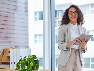 Image showing Business woman, portrait and tablet with happiness in a office with tech management job. Graphic design, female person and smile of a happy employee with technology and creative designer project