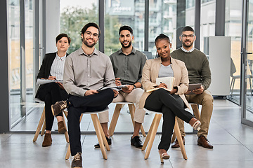 Image showing Presentation, listening or business people writing notes in meeting for education or coaching in company. Mentorship, learning or team of employees taking note of group training in notebook in office