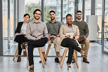 Image showing Presentation, listening or happy business people learning in meeting for coaching education in company. Mentorship seminar, portrait or team of employees writing notes in group training in notebook