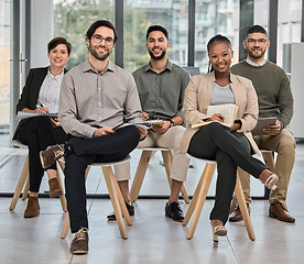 Image showing Presentation, listening or happy business people writing notes in meeting for education or coaching in company. Mentorship, portrait or team of employees learning in group training in notebook