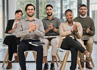 Image showing Presentation, applause or happy business people learning in meeting for coaching education or leadership. Mentorship success, portrait or team of employees clapping in group training in notebook