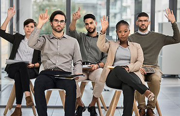 Image showing Presentation, hands up or business people learning in meeting for education or coaching in company. Asking questions, portrait or team of office employees with hand raised in group training to vote