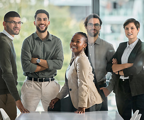 Image showing Happy, diversity or portrait of business people in meeting with confidence in startup company. Team success, managers or proud employees smiling with leadership or group support for growth in office