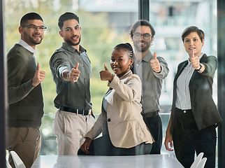 Image showing Happy, success or portrait of business people with thumbs up or confidence in startup company office. Team success, thumb up or proud employees smiling with leadership or group support for growth