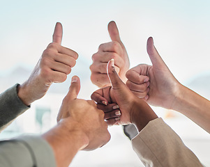 Image showing Thumbs up, success or hands of business people with teamwork, motivation or diversity in a community. Thank you closeup, approve or yes hand sign gesture of group of employees with thumb up together