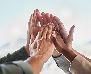 Image showing Success, hands or business people high five for winning a deal or group partnership achievement. Teamwork, winners closeup or employees in celebration together with support, victory or solidarity