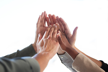 Image showing Success, white background or business people high five for winning a deal or group partnership achievement. Teamwork, winners or employees in celebration together with support, victory or solidarity