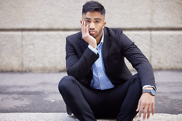 Image showing Portrait, business and man in the city, bored and stress with burnout, fatigue and overworked. Face, male person and employee outdoor, exhausted or depression with mistake, tired or fail with anxiety