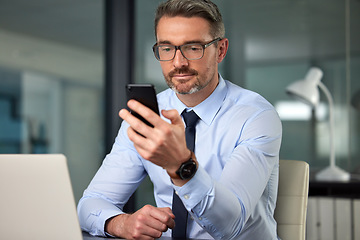 Image showing Business man, phone and boss at a office with networking online at a company. Reading, scrolling and male person at desk with mobile management and communication at a workplace with social media