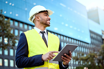 Image showing Thinking, tablet and a man construction worker in the city for planning, building or architectural design. Idea, technology and a male architect online in an urban town during the creative process