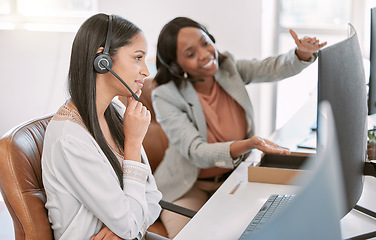 Image showing Call center, training and women at computer with manager in discussion at help desk with advice from team leader. Learning, planning and black woman mentor coaching staff in customer service agency.