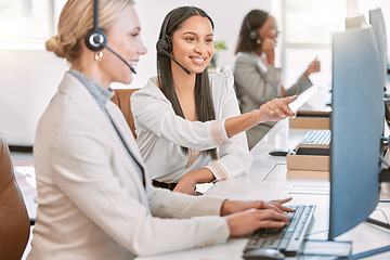 Image showing Callcenter, training and woman at computer with manager in discussion at help desk with advice from team leader. Learning, planning and help, agent and mentor in customer service for support and crm