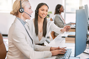 Image showing Call center, training and woman at desk with computer, manager and discussion at help desk with advice from leader. Learning, planning and help, crm agent and mentor in customer service for support.