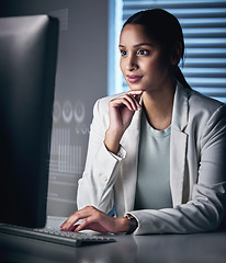 Image showing Data, overlay and computer with business woman in office for research, software and programmer. Digital, analytics and future with hologram and employee for network, coding and information technology