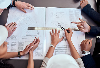 Image showing Teamwork, architecture and blueprint with people in meeting for graphic, engineering and planning from above. Floor plans, documents and construction with designers for illustration and development