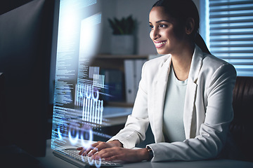 Image showing Overlay, night and computer with business woman in office for research, software and programmer. Digital, analytics and future with hologram and employee for network, coding or information technology