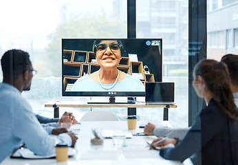 Image showing Video call, online meeting and computer screen with business people in office for virtual conference, connection and networking. Digital, planning and technology with employees for webinar and chat