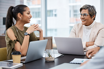 Image showing Laptop, business and meeting with mentor coaching happy employee in an office planning a teamwork strategy. CEO, staff and professional woman talking with corporate manager for learning discussion