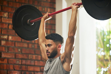 Image showing Weightlifting, fitness and man with barbell for bodybuilder training, deadlift exercise and workout. Sports, muscle and serious male person lifting weights for wellness, healthy body and strength