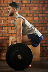 Image showing Weightlifting, workout and man with barbell for deadlift exercise, bodybuilder training and fitness. Sports, strong muscles and serious male person lift weights for wellness, healthy body or strength