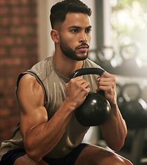 Image showing Weightlifting, fitness and man squat with dumbbell in gym for exercise, bodybuilder training and workout. Sports, muscles and serious male person with weight for wellness, healthy body and strength