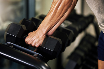 Image showing Hands, fitness and man doing weight training in a gym for strength, wellness and health as a workout routine. Sport, muscle and person or athlete exercise power lifting with weights to be strong