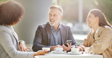 Image showing Business people, coffee shop and meeting for conversation, smile or team building for planning in morning. Businessman, women and smartphone at cafe with talk for vision, motivation and brainstorming