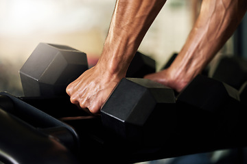 Image showing Hands, training and man exercise with weights in a gym for strength, wellness and health for workout routine, Sport, muscle and closeup of person with dumbbell for power lifting of strong bodybuilder