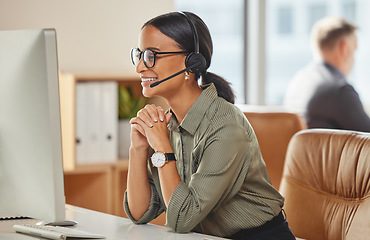 Image showing Call center, smile and business woman consulting for crm, contact us and telemarketing in office. Happy, customer service and female consultant with friendly service in online help, support or advice