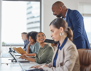 Image showing Call center training, happy and people with a manager for telemarketing support and advice. Contact us, check and a black man speaking to a customer care employee about consulting and service