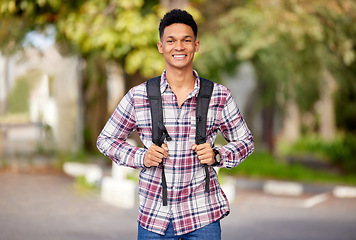 Image showing Smile, college and portrait of a man on campus for studying, learning and education in the morning. Happy, scholarship and a young male student excited to start at a university for academic study