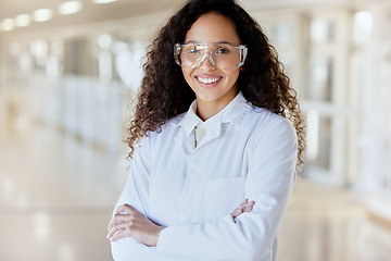 Image showing Science, laboratory and proud portrait of happy woman with goggles for safety in research study, development and biochemistry. Smile, chemistry job and professional female scientist with arms crossed